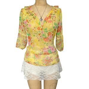 Boho Floral Ruffle Button Up Sheer Chiffon Top Indie Cottagecore Spring Sz L‎